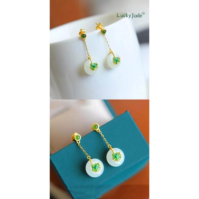 Bông Tai Mạ Bạc 925 Hình Lá Sen Đính Ngọc Bích Trắng Phong Cách Trung Hoa Cổ Điển