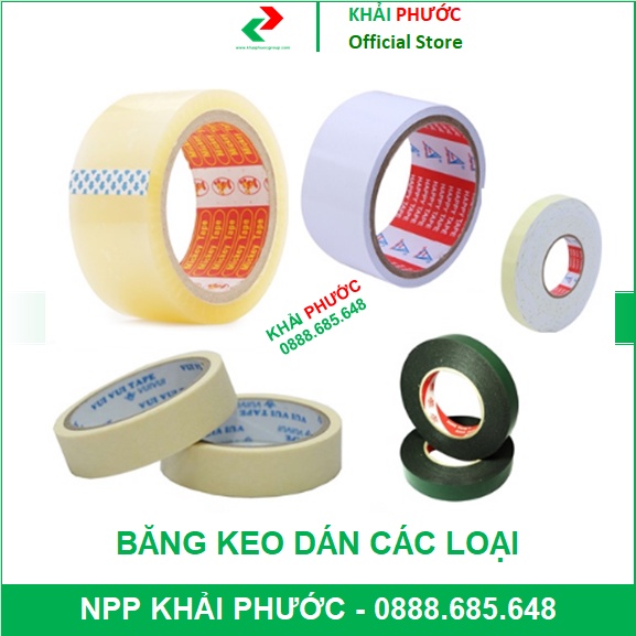 BĂNG KEO DÍNH TRONG ĐỤC DÁN THÙNG 100 YARD 100Y KEO 2 MẶT XỐP XANH VÀNG DÁN NẸP HỌC SINH 1 2 3 4 5 PHÂN CM - KHẢI PHƯỚC