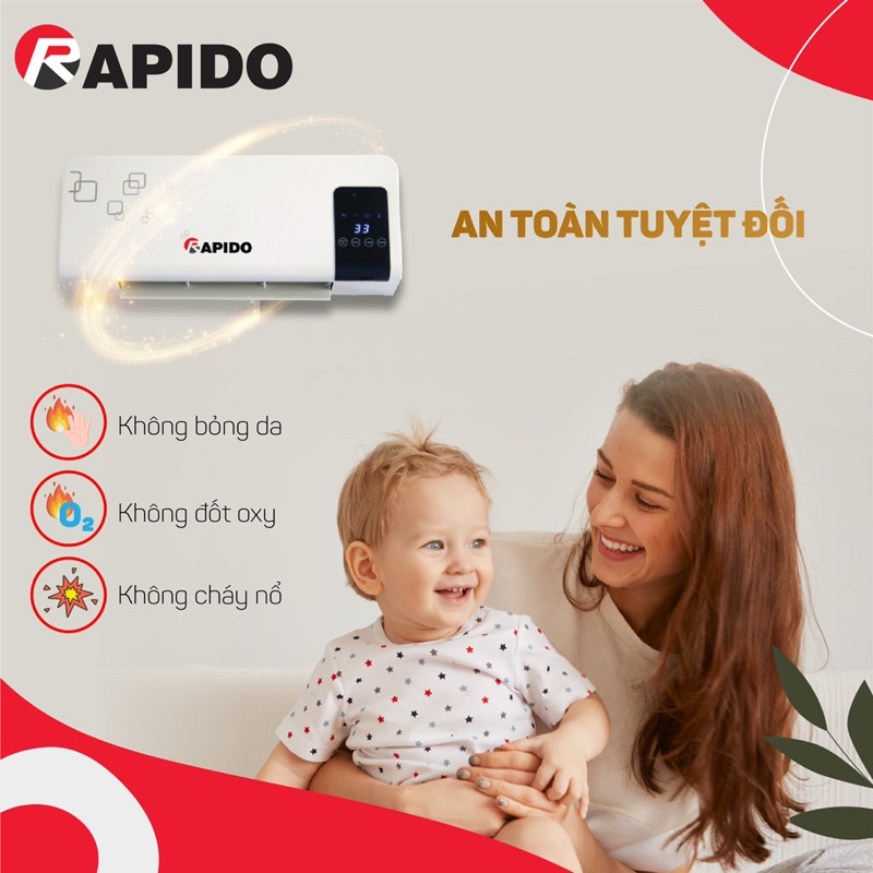 Máy sưởi gốm RAPIDO RCH2000D điều khiển từ xa BH chính hãng 12 tháng