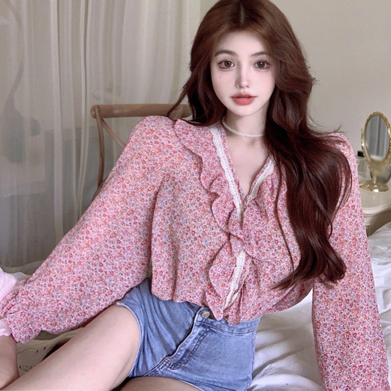 Áo Kiểu Chất Chiffon Tay Dài Phối Ren Hoa Thời Trang Mùa Hè Cho Phái Nữ
