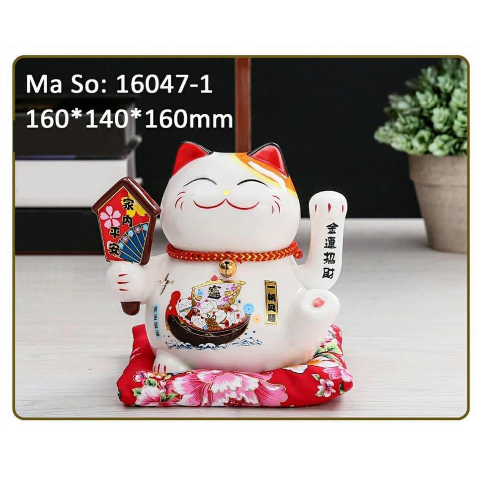 Mèo Thần Tài Sứ , Mèo May Mắn Maneki Neko vẫy tay cao 16cm