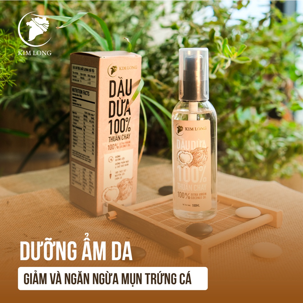 100 ml - Dầu Dừa Kim Long nguyên chất 100%  - Thuần chay - Hỗ trợ dưỡng da, dưỡng tóc, dưỡng môi, ngừa rạn da