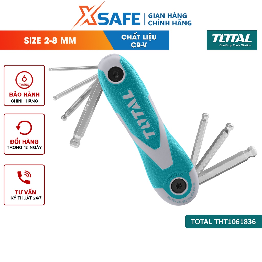 Bộ khóa lục giác xếp 8 chi tiết TOTAL THT1061836 Bộ 8 chìa lục giác bi Kích thước 2 - 8mm Thép CR-V tháo lắp