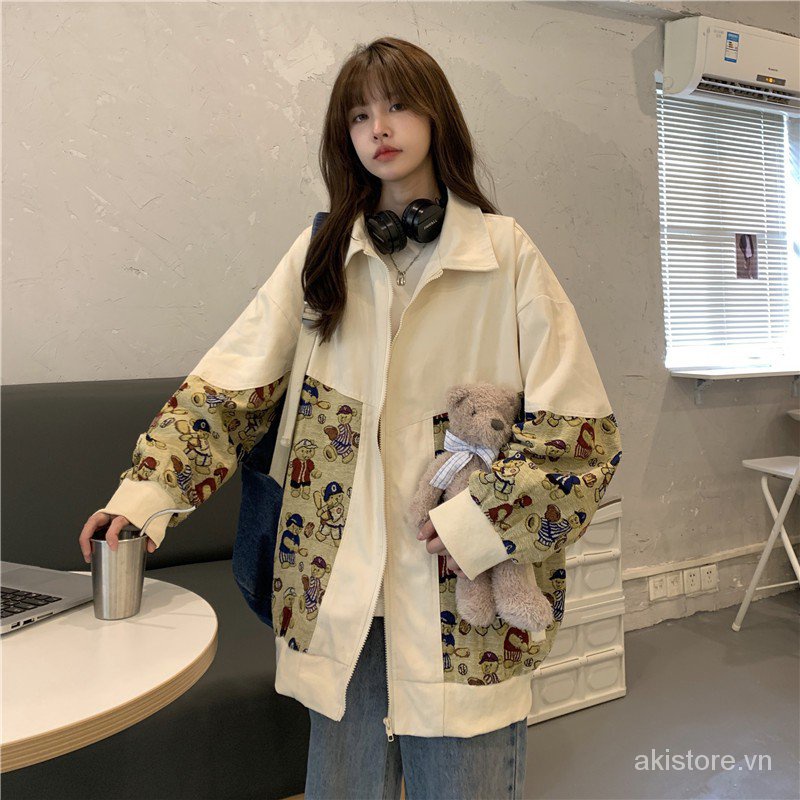 M-2XL Bigsize 95kg Áo khoác bóng chày nữ form rộng thời trang unisex hàn quốc áo bomber nữ bigsize họa tiết gấu phong cách đi chơi đi học 2AB8