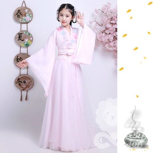 (Hàng có sẵn) Bộ hán phục trẻ em màu hồng phấn kết hoa +tặng quạt vải +kẹp tóc+trâm cài+miếng dán trán