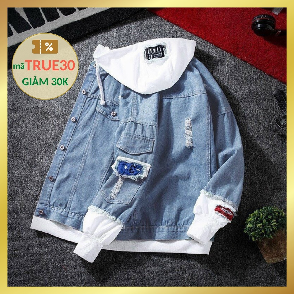 [SIÊU SALE] Áo khoác jean nam nữ unisex tay nỉ có mũ nỉ phối rách chất bò cao cấp phong cách thời trang trẻ màu xanh