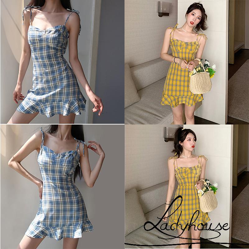 Đầm Hai Dây Không Tay Họa Tiết Caro Thời Trang Mùa Hè Cho Nữ