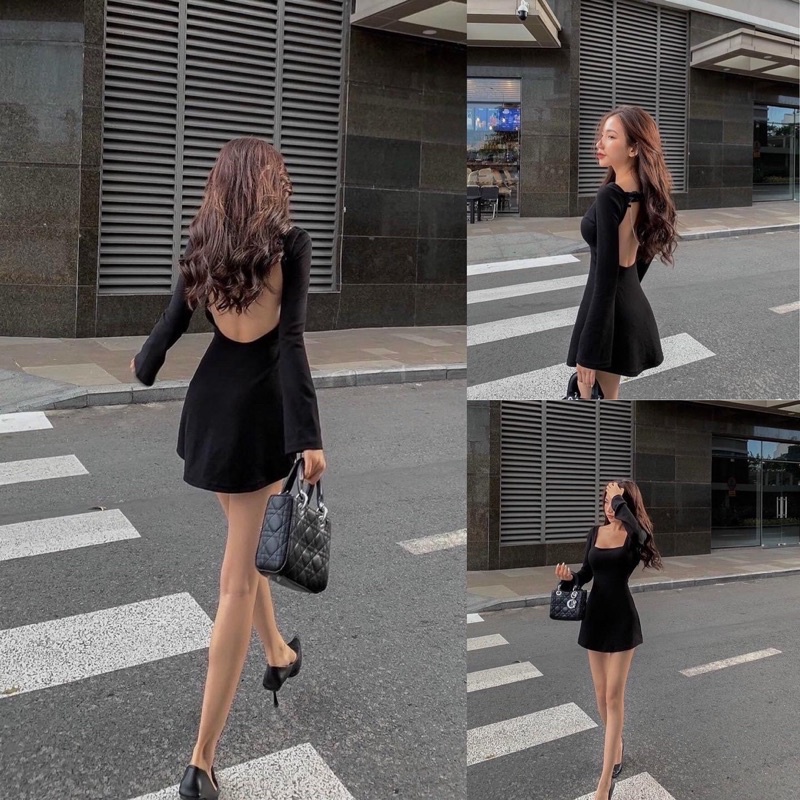 ĐẦM ĐEN CỔ VUÔNG TAY DÀI CUTOUT LƯNG