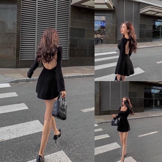 Đầm đen cổ vuông tay dài cutout lưng