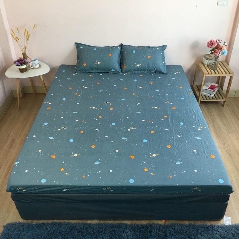 Ga giường May Hoàng minh cotton poly kích thước 1m2 1m6 1m8 2m2, drap chun bọc đệm + 2 vỏ gối