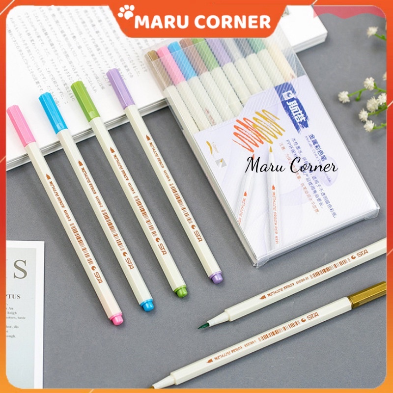 10 Bút Brush Lông Mềm Sta Metallic Nhũ Kim Tuyến Đầu Nhỏ Viết Sắc Nét