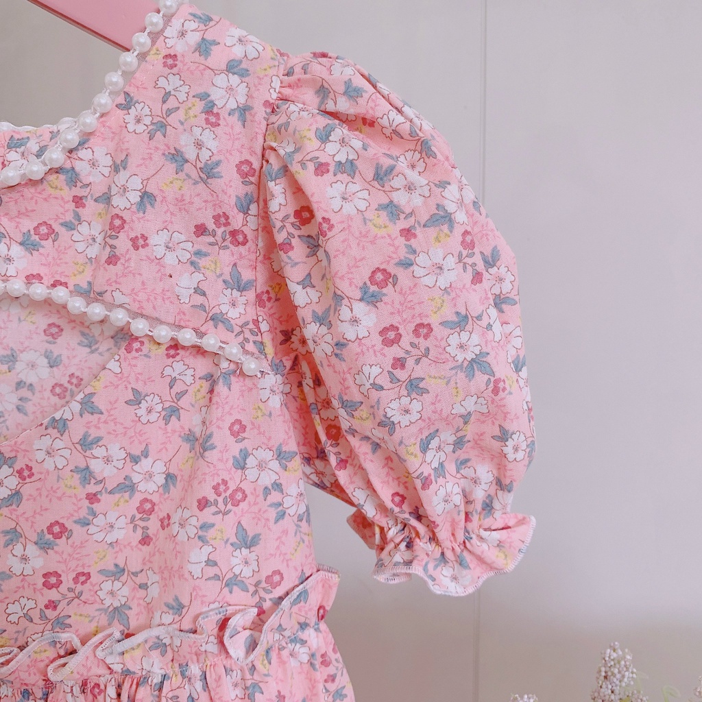 Váy cho bé gái cộc tay - Babystore88 - Đầm hoa nhí viền ngọc cổ ngực mùa hè 1 2 3 4 5 6 7 8 9 10 11 12 tuổi v6