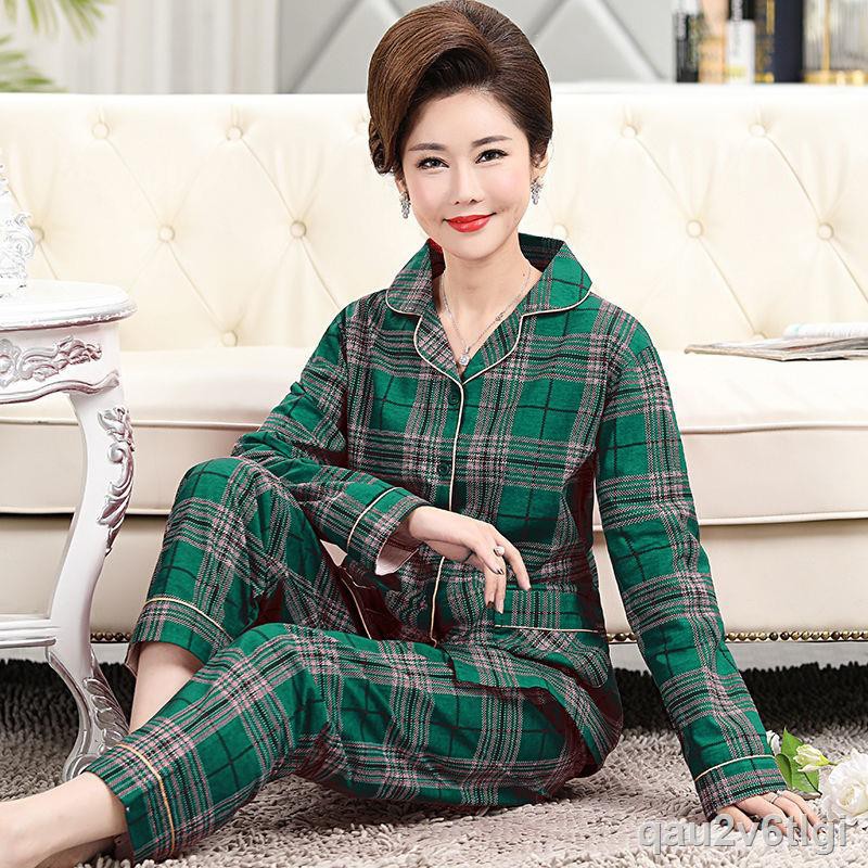 Pyjama nữ tay dài cotton Phù hợp với người cao tuổi cardigan plus size home serviceJ