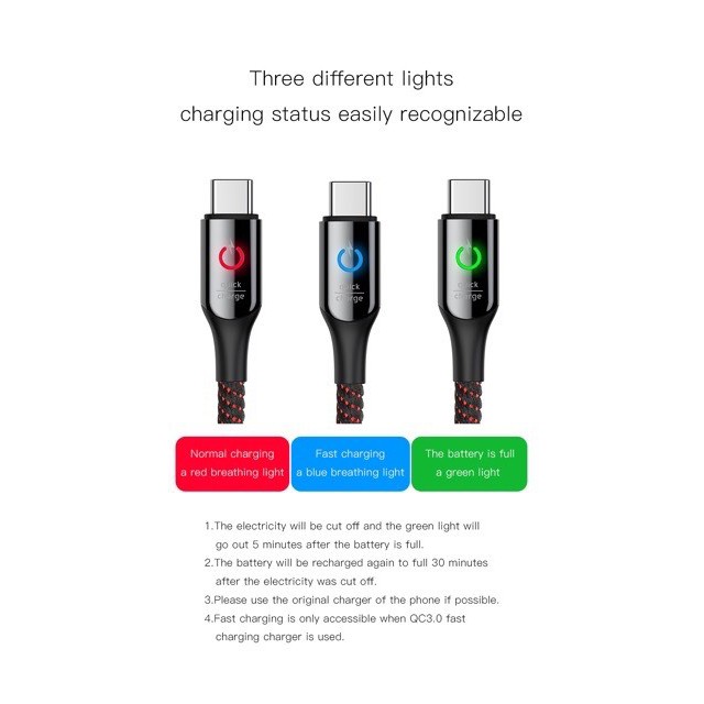 Dây sạc tự ngắt Baseus hỗ trợ sạc nhanh dành cho iphone, type C