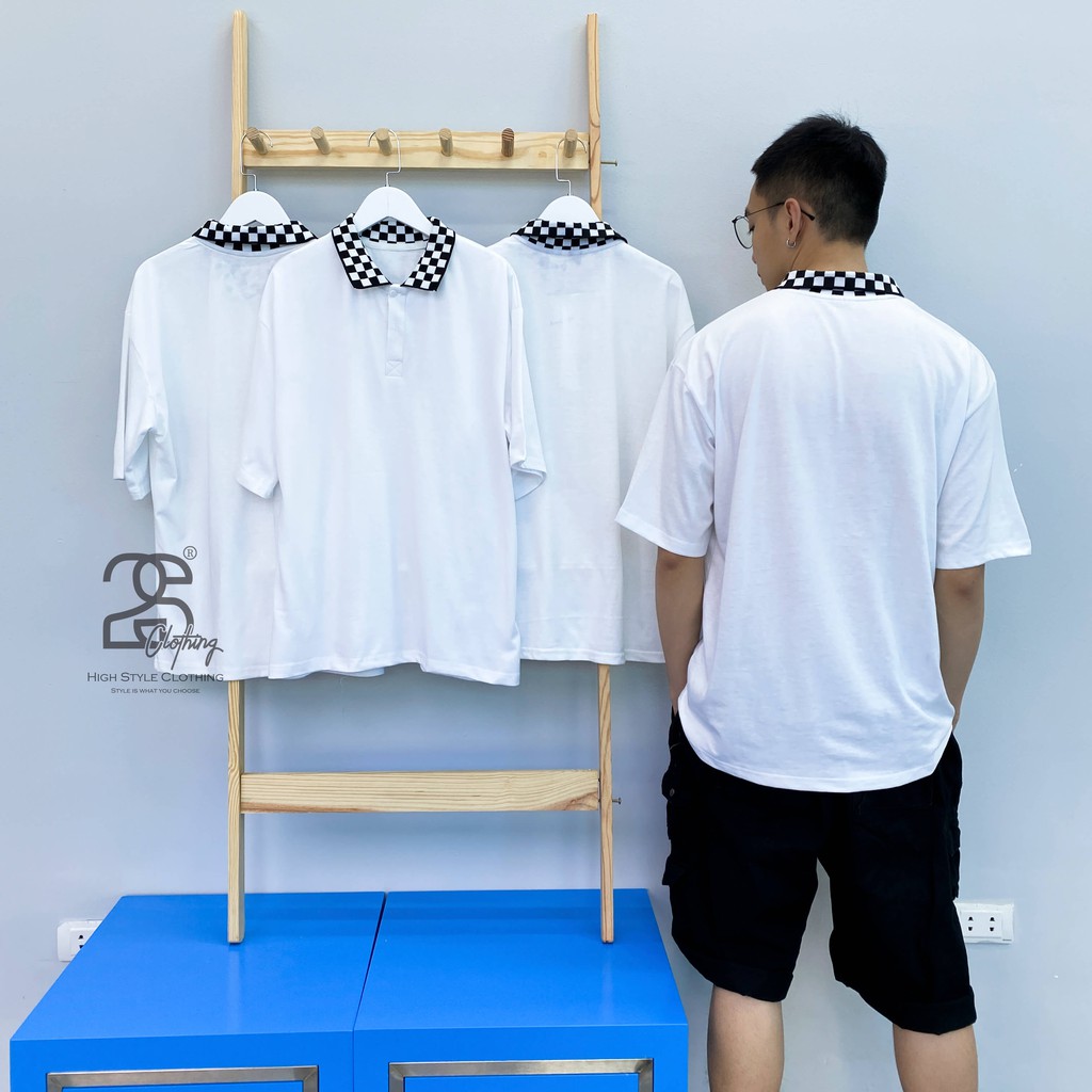 [FREESHIP+ẢNH THẬT] Áo Thun Unisex Form Rộng Nam Nữ Basic Tee Màu Trắng Cổ Caro Cao Cấp