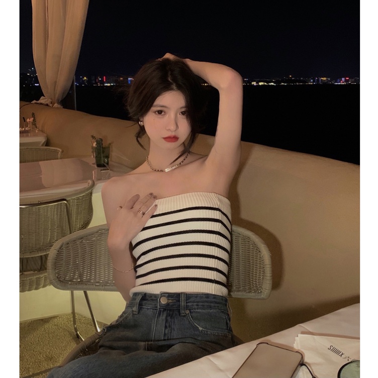 QADCOL Áo Hai Dây Dệt Kim Kẻ Sọc Xinh Xắn Cho Nữ