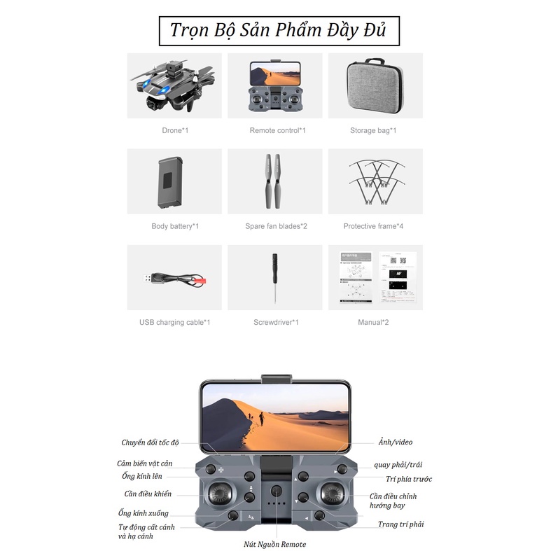 Máy bay điều khiển từ xa có camera HD quay phim chụp ảnh, Flycam drone bay 25 phút - xa 300 mét