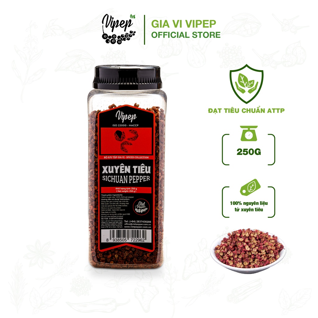 Xuyên tiêu - Hoa tiêu tứ xuyên Vipep 250g cay thơm nồng - gia vị nêm nếm, nấu lẩu đậm đà, hạt tiêu đỏ tốt cho sức khoẻ