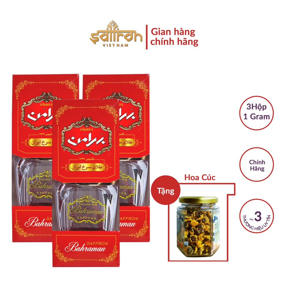Nhụy Hoa Nghệ Tây Saffron Bahraman 3 hộp 1gram/hộp tặng cốc sứ cao cấp Saffron