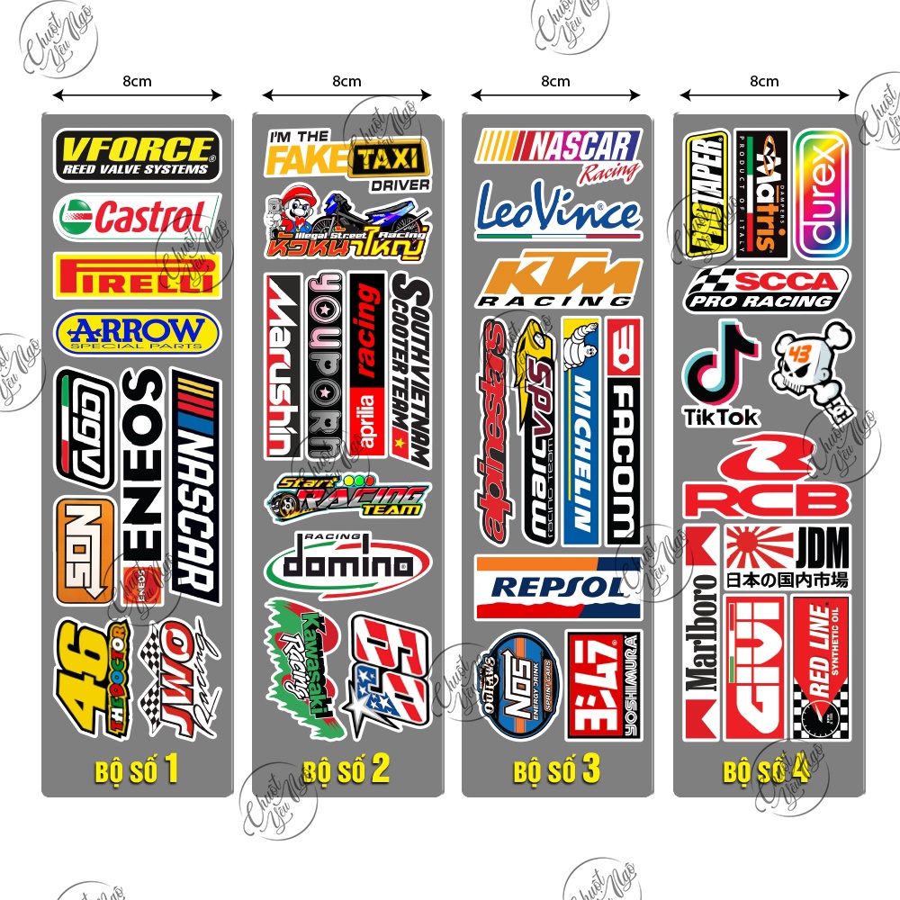 Combo bộ 10 hoặc 40 sticker không trùng hình dán decal tem xe logo racing