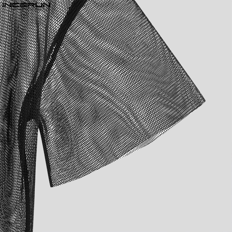 Áo thun INCERUN ngắn tay phối ren xuyên thấu họa tiết đôi môi quyến rũ cho nam