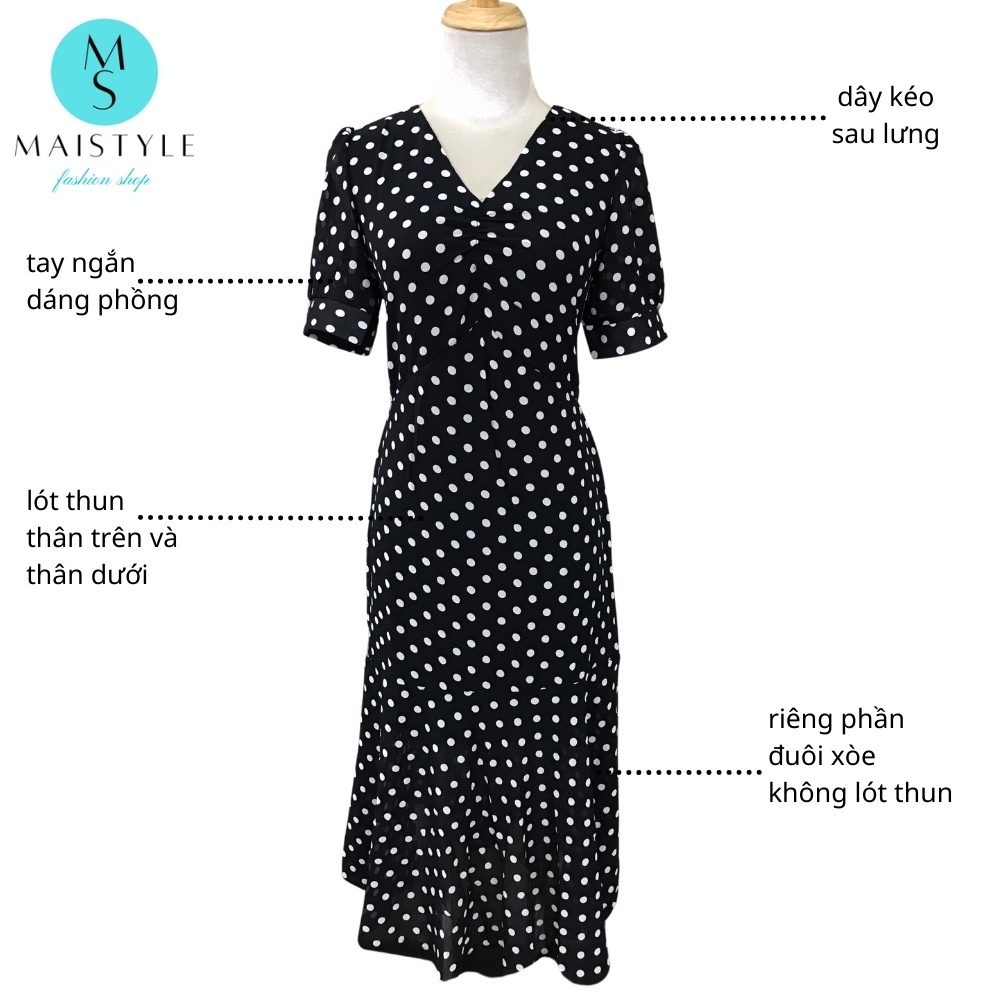 Đầm công sở MAISTYLE Váy nữ chấm bi dáng dài qua gối thiết kế tay phồng đuôi cá Đầm voan midi xòe tay ngắn MY1100 | BigBuy360 - bigbuy360.vn