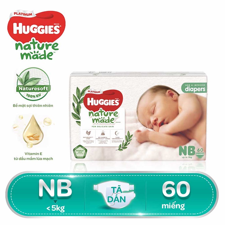 Tã Dán Huggies Platinum Nature Made Size NB60 - Cho bé dưới 5Kg