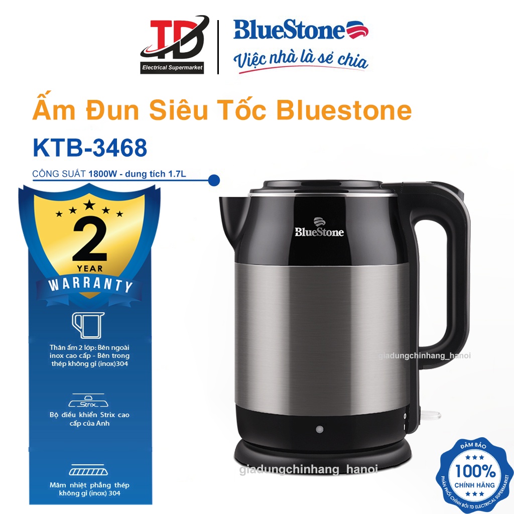 Âm đun siêu tốc BlueStone KTB-3468, 1.7Lit -1800w, 2 Lớp giữ nhiệt sang trọng, Hàng chính hãng