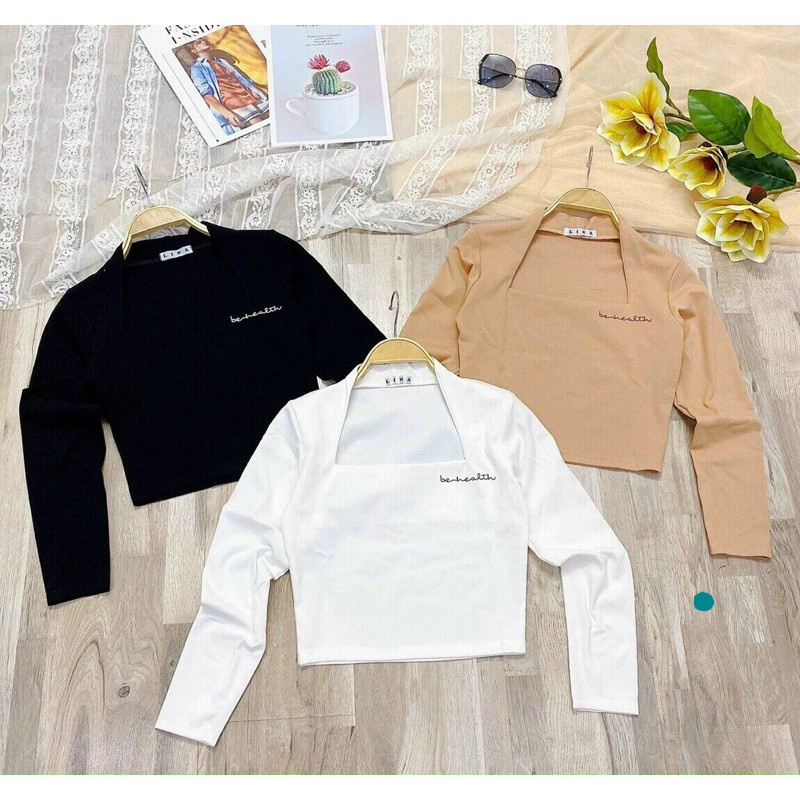 Áo thun nữ kiểu croptop nữ đẹp ôm body tay dài cổ vuông thêu phong cách hàn quốc mẫu mới thời trang A21