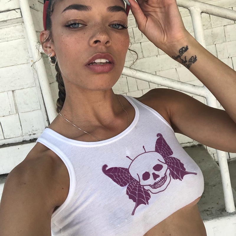 Áo Tank Top Cổ Tròn In Họa Tiết Đầu Lâu Phong Cách Punk Thời Trang Cho Nữ