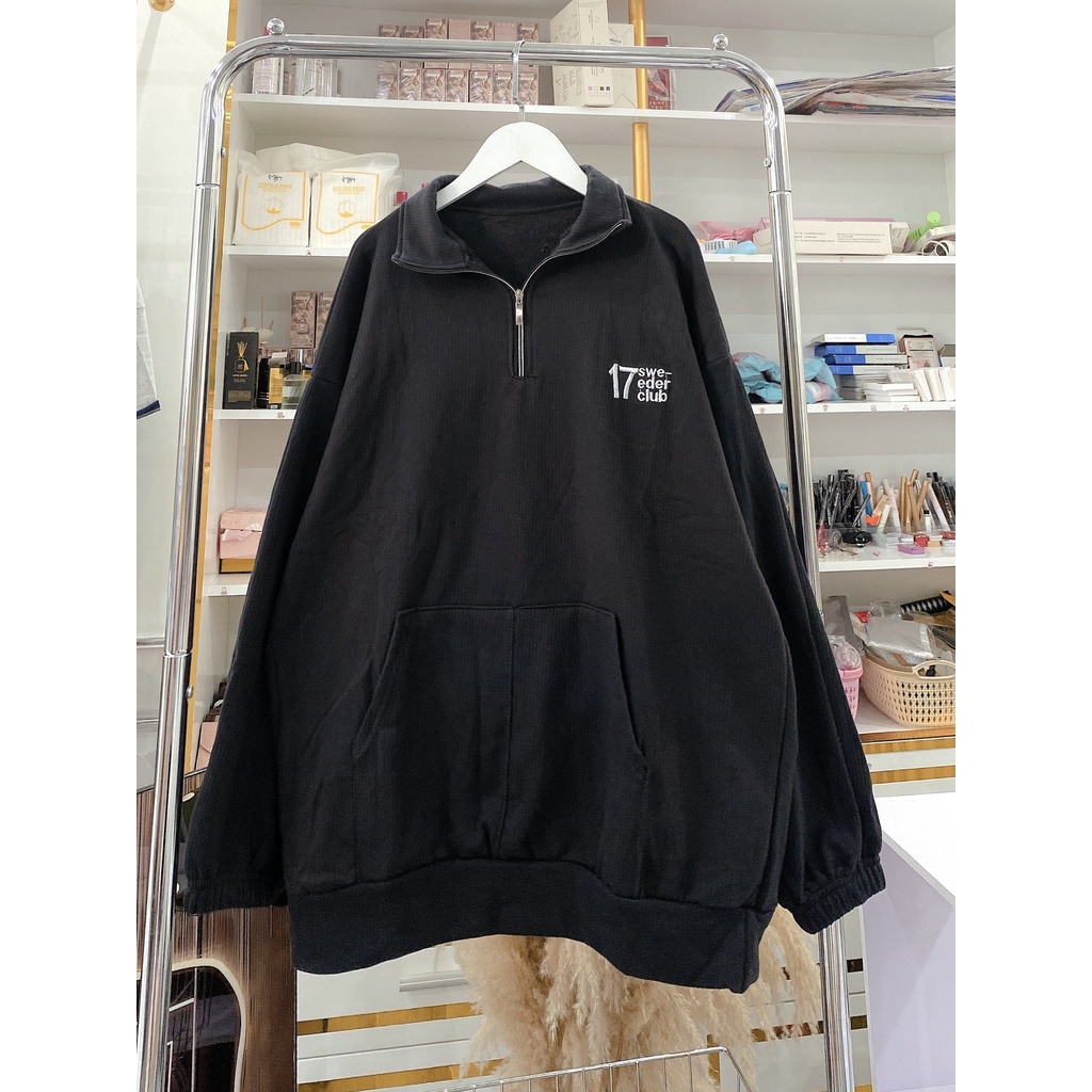 Áo Nỉ Sweater Thêu Ngực Dáng Rộng Cổ Bẻ Nam Nữ Tay Bồng Số 17 Uzzlang Khóa Zip