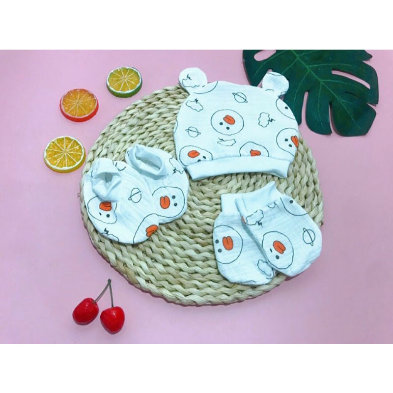 Set mũ bao tay bao chân xô cotton Hàn Quốc