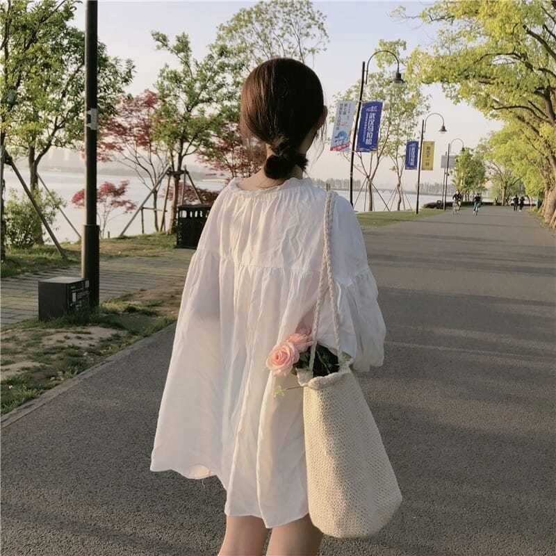 Áo Trắng Oversize Kiểu Giấu Quần Form Rộng Babydoll Nơ Cổ Tay Phồng
