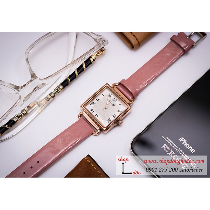 Đồng hồ nữ Julius Hàn Quốc JA 1266A dây da mặt vuông hồng pastel ngọt ngào ĐHĐ30203