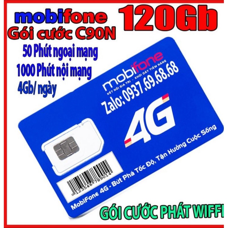 0Sim 4G Mobifone C90N Data 4Gb/Ngày, Gọi miễn phí. Sim CS3N/CS6N/12FD50/DTHN/12DTHN PHÁT WIFI MAX BĂNG THÔNG GIÁ RẺ