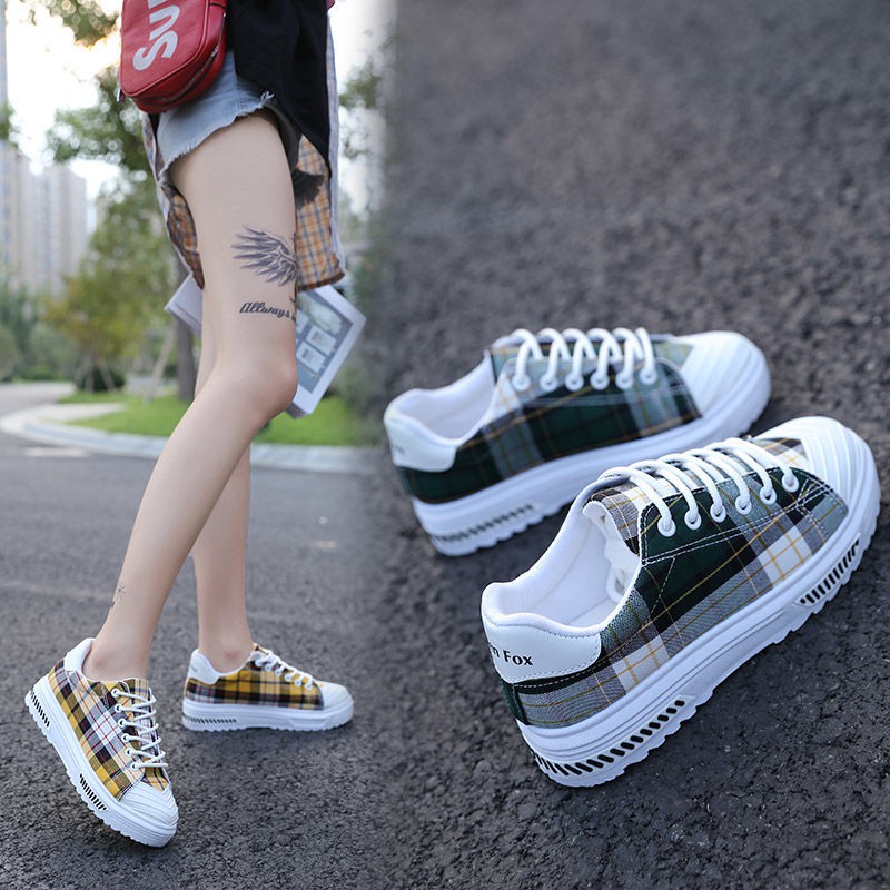 Giày Chạy Bộ Vải Canvas Thắt Dây Sọc Ca Rô Phong Cách Harajuku 2021 | BigBuy360 - bigbuy360.vn