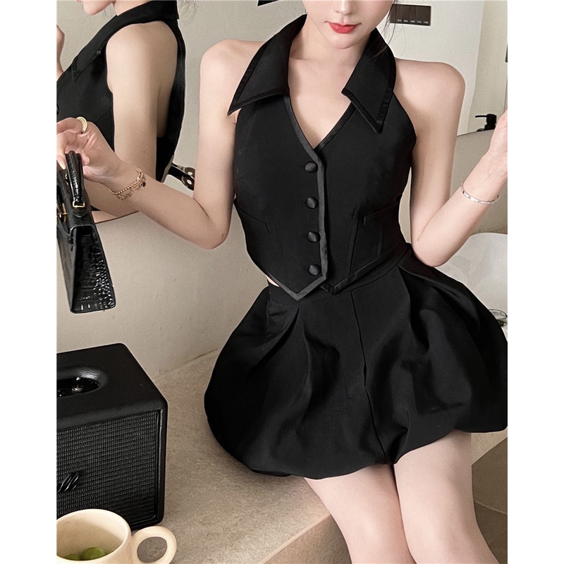 Bộ Áo Không Tay Dáng Ôm + Chân Váy Chữ A Lưng Cao Màu Đen Thời Trang Mùa Hè Quyến Rũ Cho Nữ