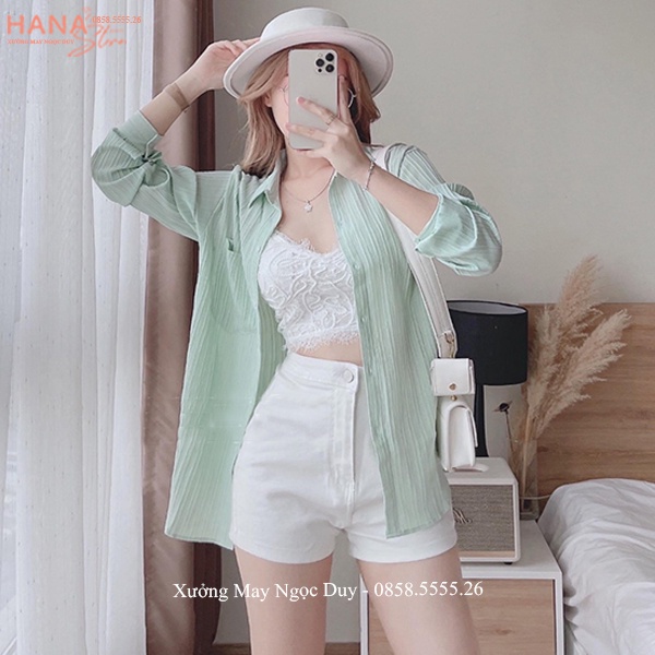 Áo sơ mi nữ form rộng tay dài kiểu đi học hẹn hò công sở phong cách Hàn Quốc Vintage vải xốp gân trơn cao cấp mềm mát