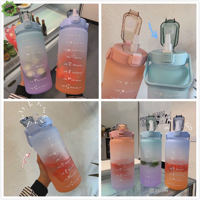 Bình Nước Nhựa Dung Tích Lớn 2l Màu Sắc Gradient Kèm Ống Hút Tiện Dụng