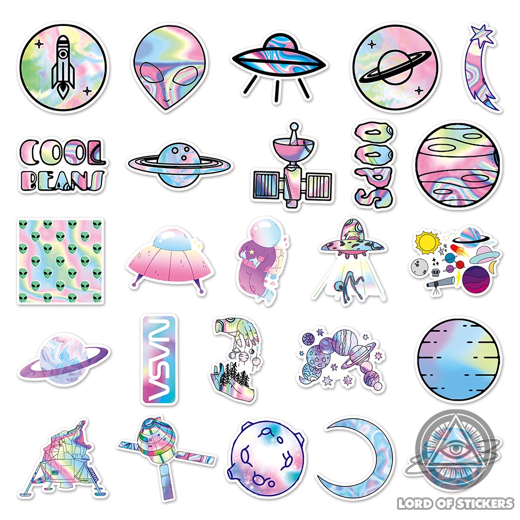 Set 50 Nhãn Dán Chủ Đề Vũ Trụ Sticker Cute Holographic Phong Cách Hoạt Hình Chống Thấm Nước Dán Mũ Bảo Hiểm, Laptop, Sổ