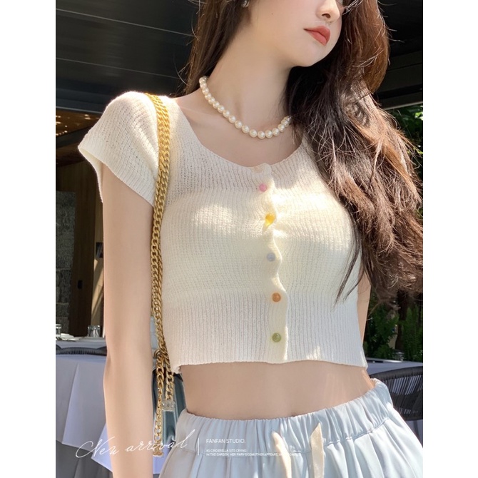 Porozi Áo croptop dệt kim tay ngắn cổ vuông thời trang Hàn Quốc dành cho nữ