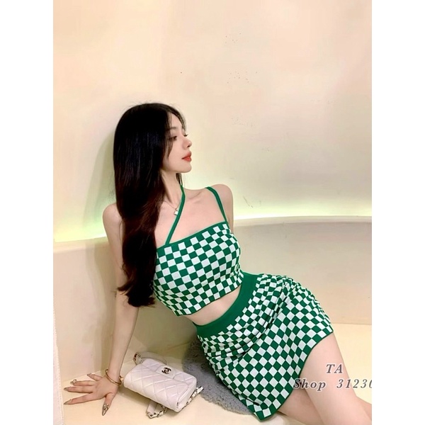 Set Váy Len Kẻ Ô Chéo Dây Ngực Mix Chân Váy A Ngắn Cá Tính V061