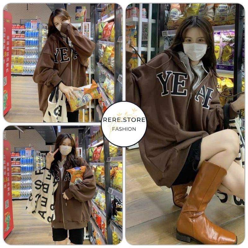 Áo Khoác Nâu Yeah Nữ - Rere.Store [FREESHIP] - Hoodie Zip nỉ dài tay form rộng dáng suông, thiết kế đơn giản