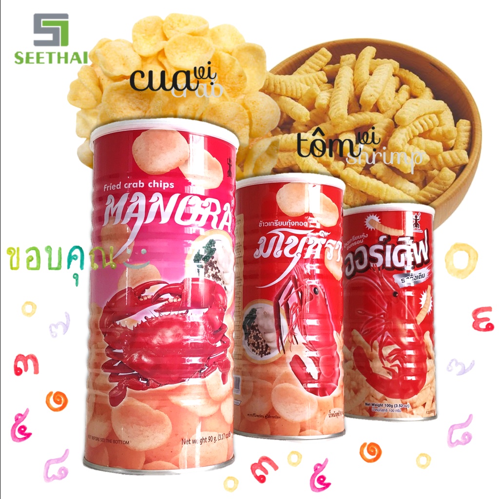 Bánh phồng tôm vị cua MANORA Thái Lan 90gr - lon - snack phồng tôm - fried crab chips