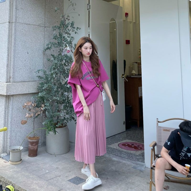 Set Áo Ngắn Tay + Chân Váy Màu Tím Trơn Ngọt Ngào Nữ Tính