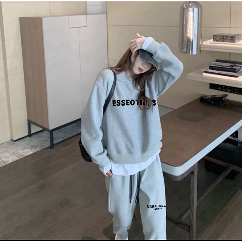 Bộ nỉ nam nữ thu đông chất vải nỉ bông, Set đồ nam nữ thu đông quần áo dài tay trẻ trung phong cách in chữ ESSE.N