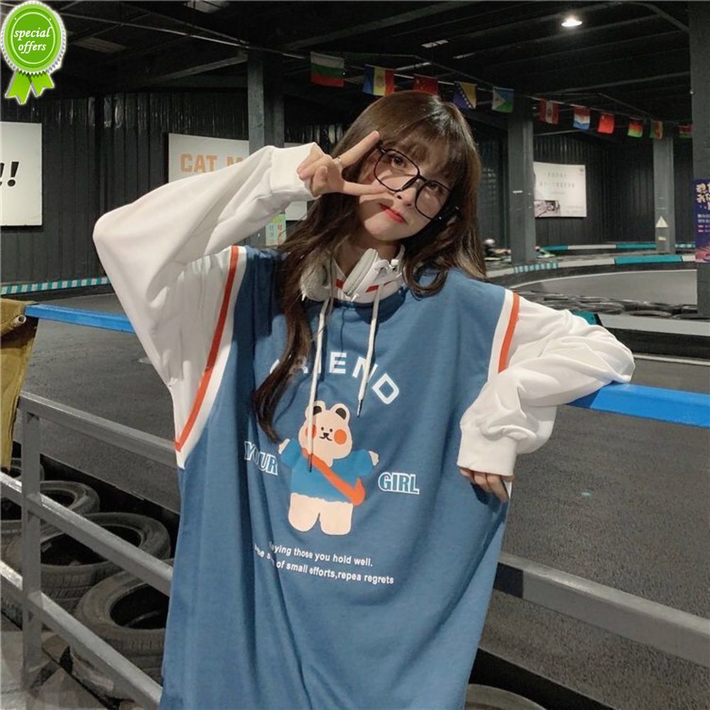 Áo hoodie dài tay dáng rộng phối lớp cá tính theo phong cách xuân thu hàn quốc 2020