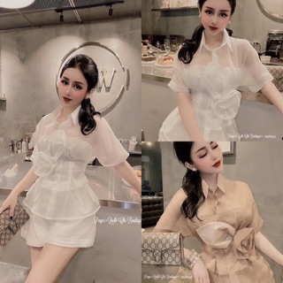 Set áo sơ mi tơ hoa eo kèm quần ngắn