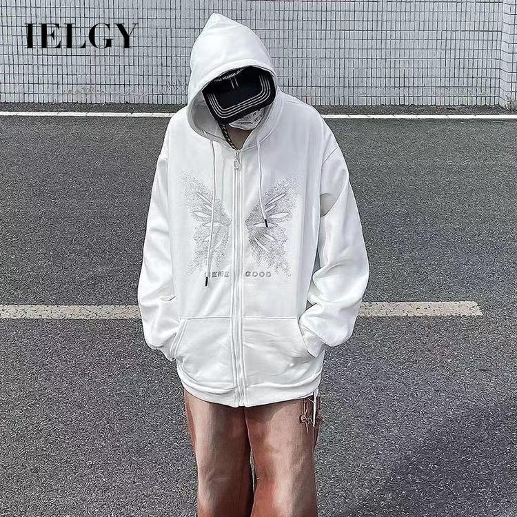 IELGY    Áo Khoác Hoodie Dáng Rộng Có Khóa Kéo In Họa Tiết Bướm Phong Cách Hàn Quốc Cho Nữ