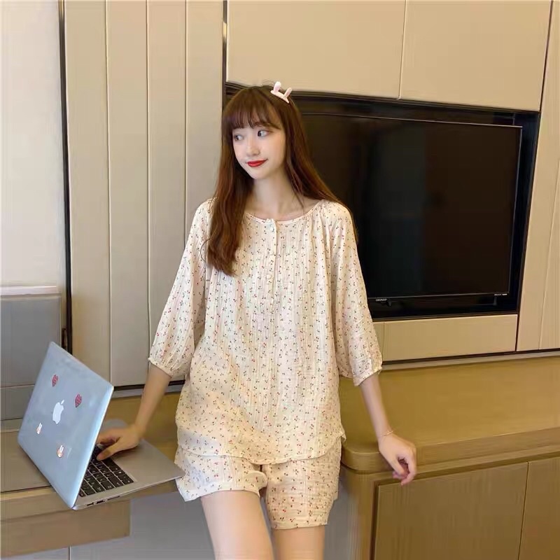 ( CÓ SẴN ) Đồ ngủ pyjama nữ ngắn xô muslin hoạ tiết cherry | BigBuy360 - bigbuy360.vn